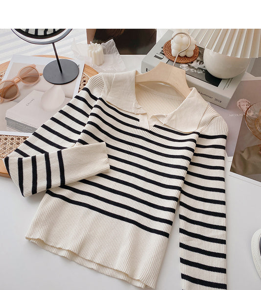 Haut slim à rayures contrastées et revers au design de niche 6618