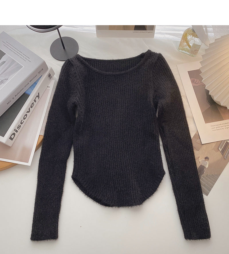 Design sense knitwear short irregular long sleeve top  6614