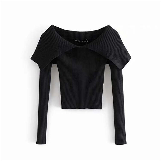 Haut en tricot à manches longues et épaules dénudées à gros revers Design sense 7151