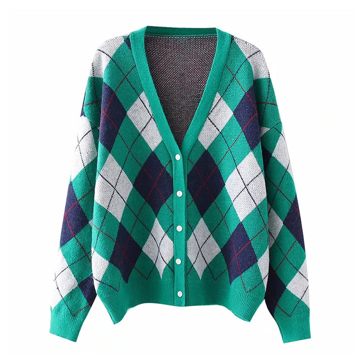 Manteau cardigan ample en tricot à manches longues et col en V avec boutons à carreaux en losange 7362