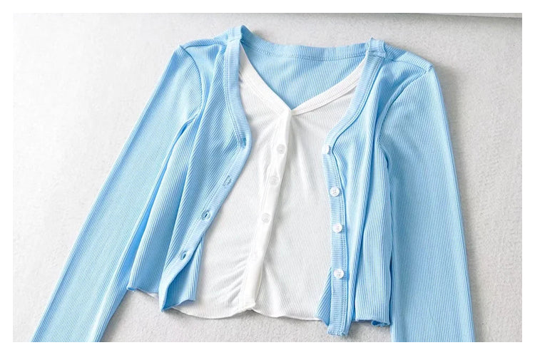 V-neck stretch slim short knit cardigan  7387