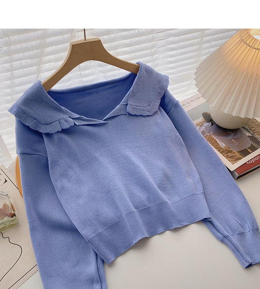 Pull court à col en dentelle bleu marine pour femme 6654