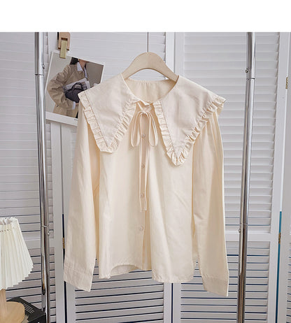 Solid long sleeved shirt with baby collar lace tie top  6432