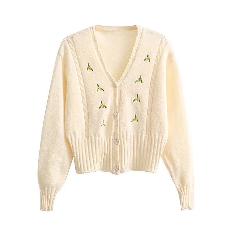 Manteau cardigan court en tricot à manches longues et col en V brodé 7402