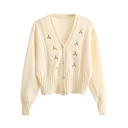 Manteau cardigan court en tricot à manches longues et col en V brodé 7402