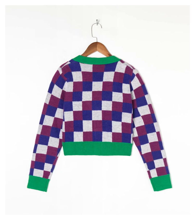 Vintage Spice Girl contrast Plaid V-neck knit cardigan  7256
