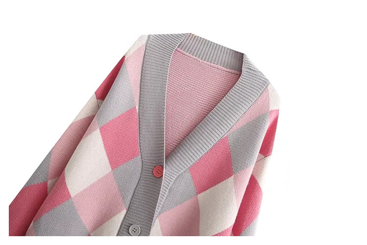 Diamond check V-neck button loose casual knitted cardigan sweater  7360