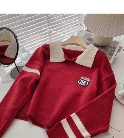 Slim and age reducing color matching Lapel Pullover long sleeve top  5912