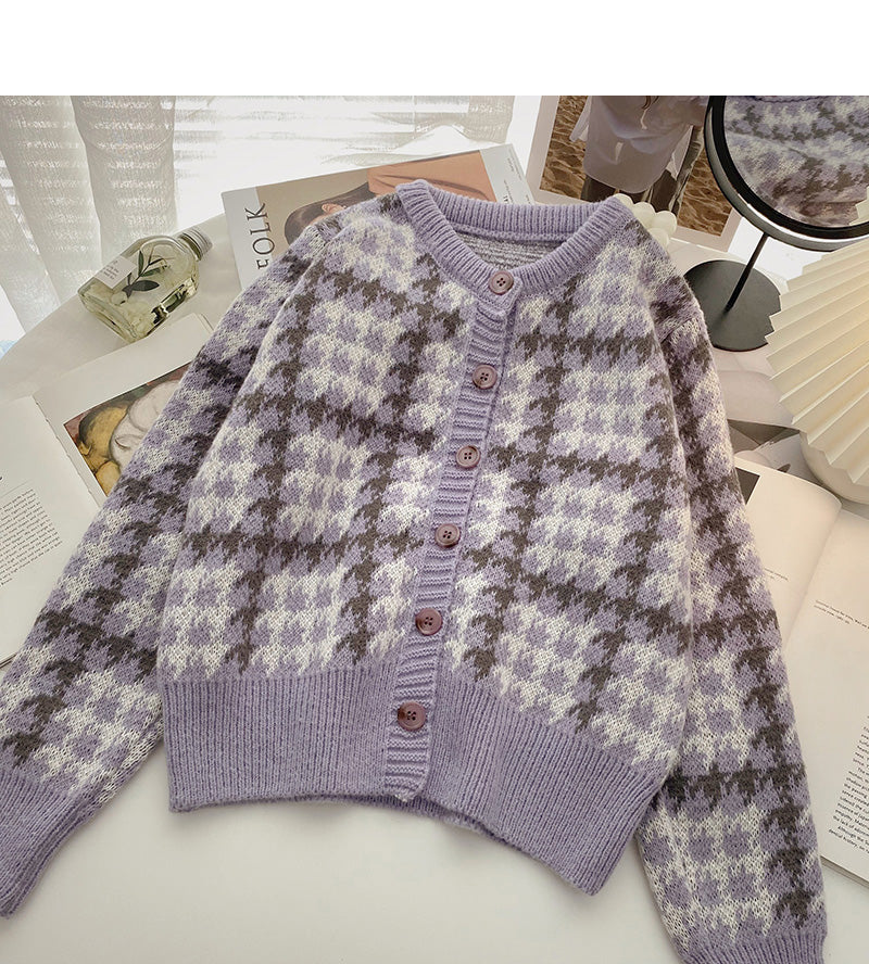 Small fragrance retro color matching thousand bird lattice long sleeve top  5942