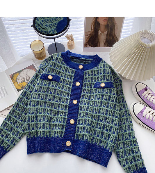 Manteau à manches longues en pull vintage à carreaux assortis 6057