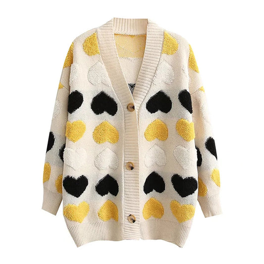 Manteau cardigan en tricot ample à simple boutonnage et col en V en jacquard d'amour 7371
