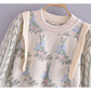 Vintage jacquard sweater womanly open navel bubble sleeve sweater  7296
