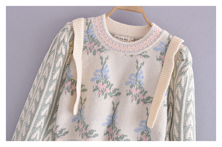 Vintage jacquard sweater womanly open navel bubble sleeve sweater  7296