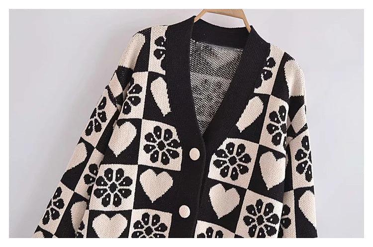 Pull cardigan tricoté jacquard à manches longues et col en V de qualité 7266