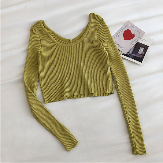 Pull à manches longues et clavicule fuyante de couleur unie à deux vêtements 6463