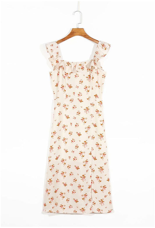 French gentle first love elastic wrinkled girl broken flower knee dress  7092