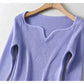 Versatile drip collar slim long sleeve short knit bottomed shirt   7314