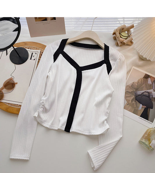 Pull à manches longues pour femme, design à blocs de couleurs, col carré, haut court 6691