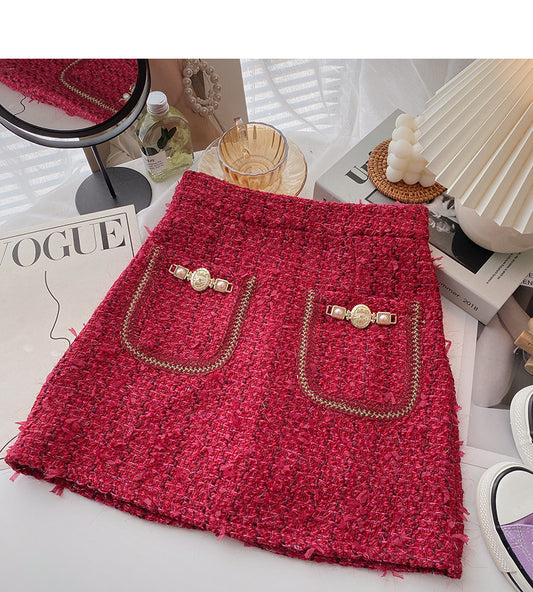 Korean version of retro Hong Kong Style checkered high waist A-shaped skirt  5564