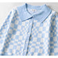 Checkerboard Plaid Polo neck sweater short sweater cardigan jacket  7357