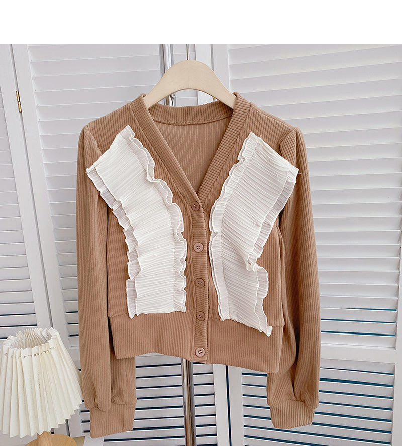 Crimped lace V-neck Vintage shirt cardigan  6408