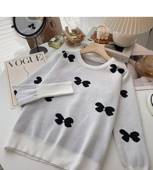 Pull à manches longues en jacquard papillon col rond Pullover Top 6686