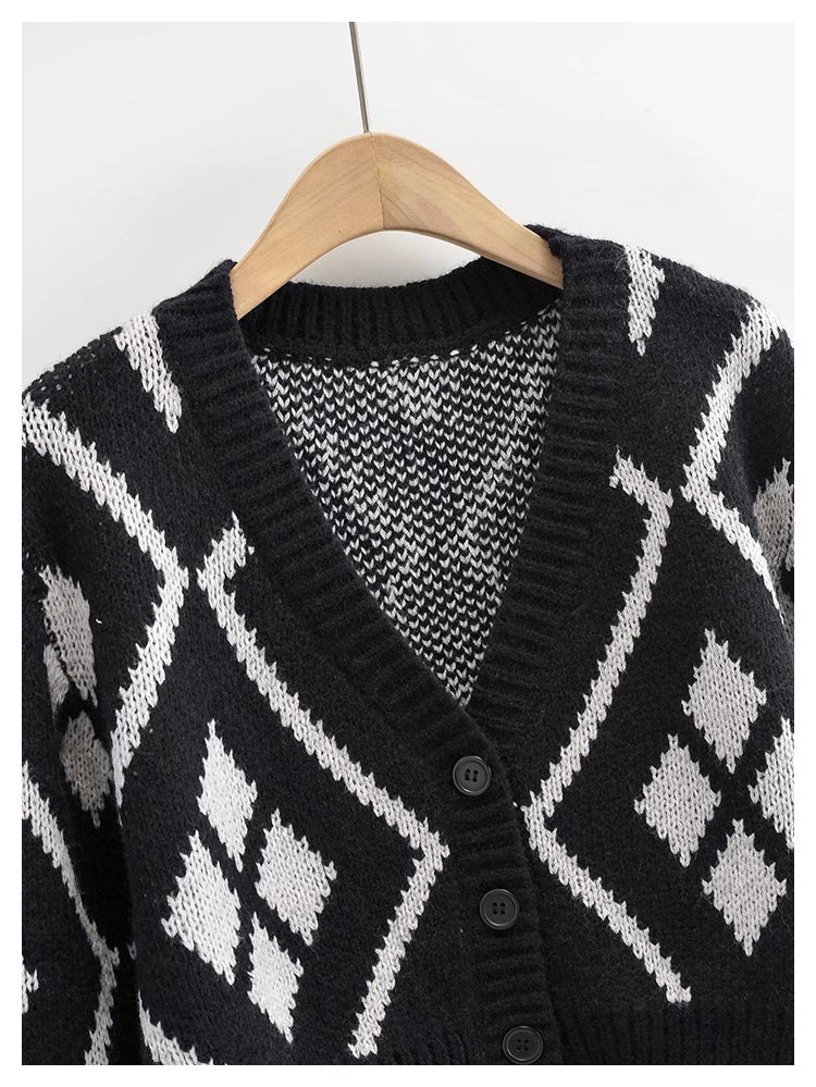 American Vintage diamond check V-neck knitted cardigan  7311