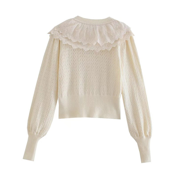 Pull col poupée en dentelle douce manteau pull femme 7337