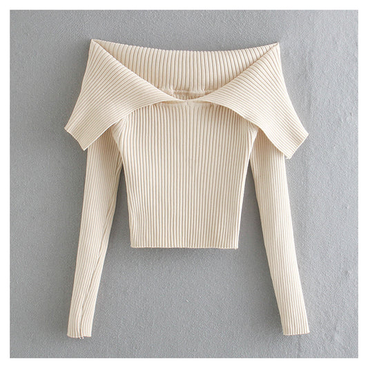 T-shirt à épaules dénudées et à large revers, col droit, haut court 7160