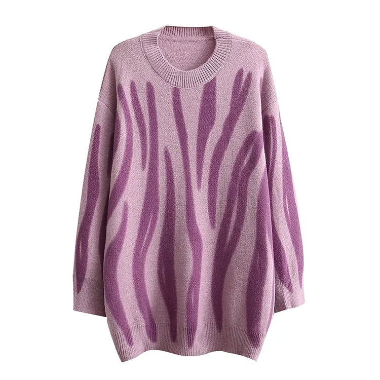 Lockerer, langärmliger Pullover im Retro-Stil mit unregelmäßigen Streifen und Rundhalsausschnitt 7359