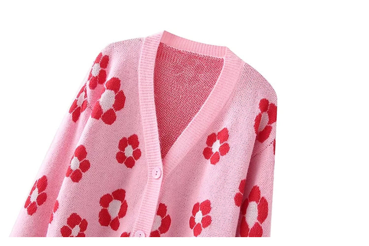 Nouveau cardigan tricoté en jacquard fleuri à col en V de style paresseux japonais 7295