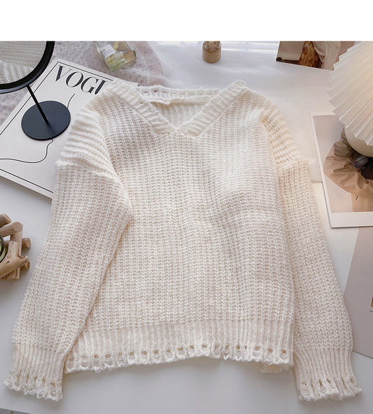 Pull tricoté ajouré décontracté à manches longues de couleur unie 6131