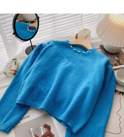 Pull ample à col ras du cou avec perles et clous au design vintage, mode 6579
