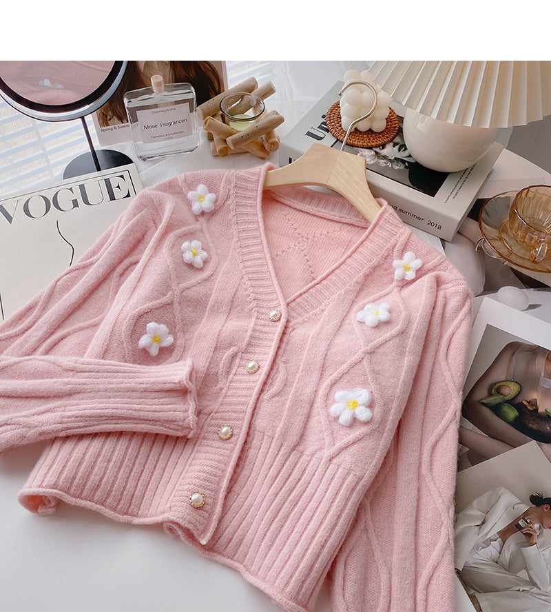Floret three-dimensional design V-neck knitted cardigan  6475