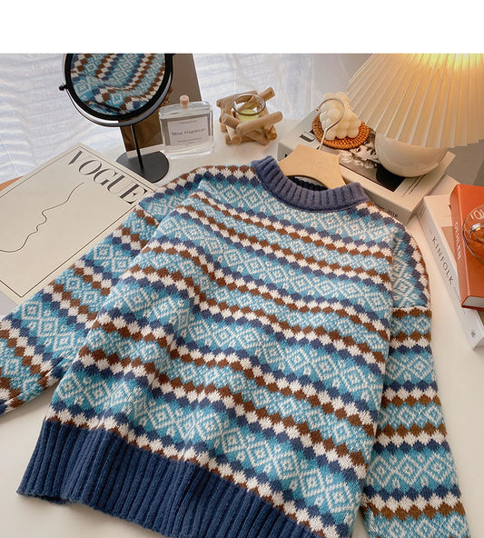 Pull à manches longues en jacquard contrasté vintage 6107