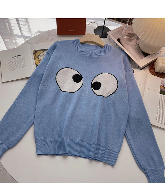 Pull à manches longues, couleur contrastée vieillie, haut à gros yeux 6564