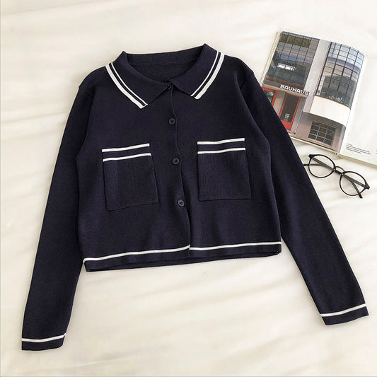 Cardigan à revers simple boutonnage Pull vintage à manches longues pour femme 6549