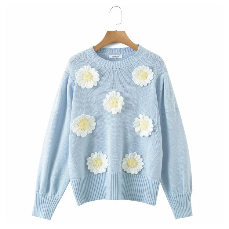 Three dimensional sunflower Pullover loose knitted sweater  7299