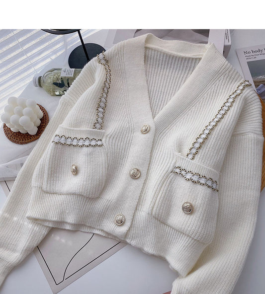 Cardigan tricoté parfumé à manches longues et col en V à double poche 5905