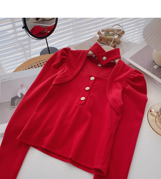 Pull vintage français à manches longues et col carré avec col suspendu 6630