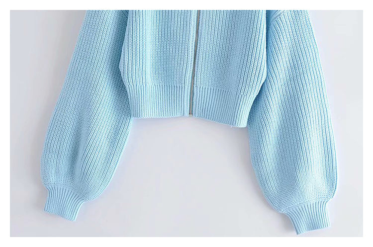 High neck sweater zipper knit cardigan short coat  7345