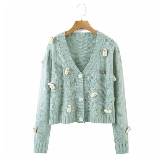 Cardigan tricoté en forme de petit ours de dessin animé, veste cardigan mignonne et ample 7236