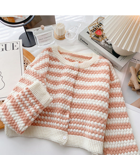 Pull col rond cardigan femme rayures contrastées manches longues 6068
