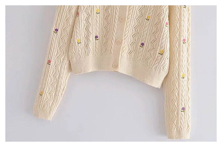 Flower embroidery round neck knitted sweater cardigan coat  7303