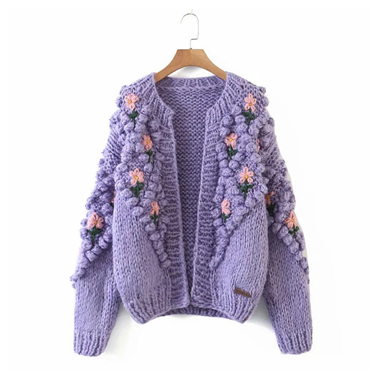 Cardigan à manches lanterne tissé à crochets à fleurs tridimensionnelles, manteau pull 7379