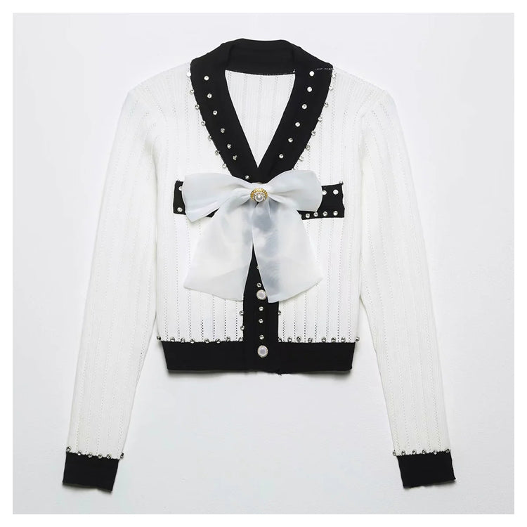 Xiaoxiangfeng V-neck heavy industry rivet bow knit cardigan  7294