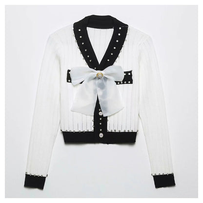 Xiaoxiangfeng V-neck heavy industry rivet bow knit cardigan  7294