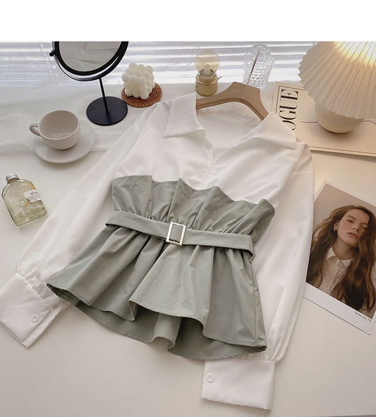 Korean long sleeve waistband design color matching top with belt  6284