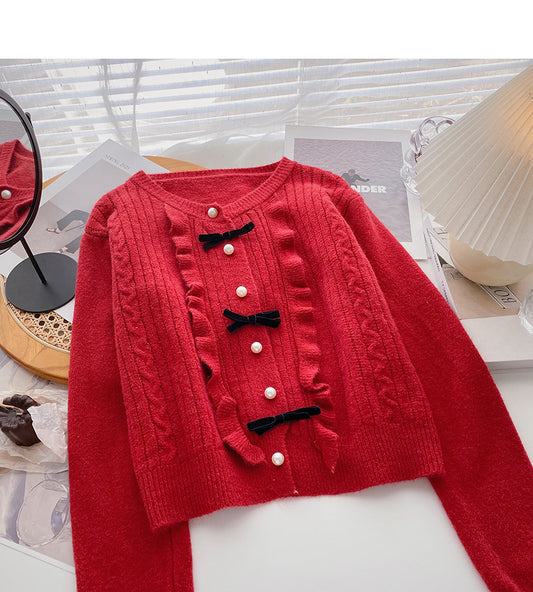 Pull col rond avec nœud et boutons en perles, joli haut à manches longues 6074