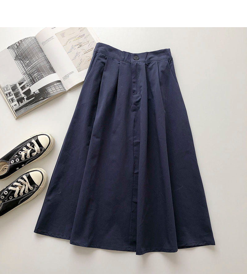 Solider Freizeitrock im Hongkong-Stil mit hoher Taille A-förmiger mittlerer und langer Rock 5693